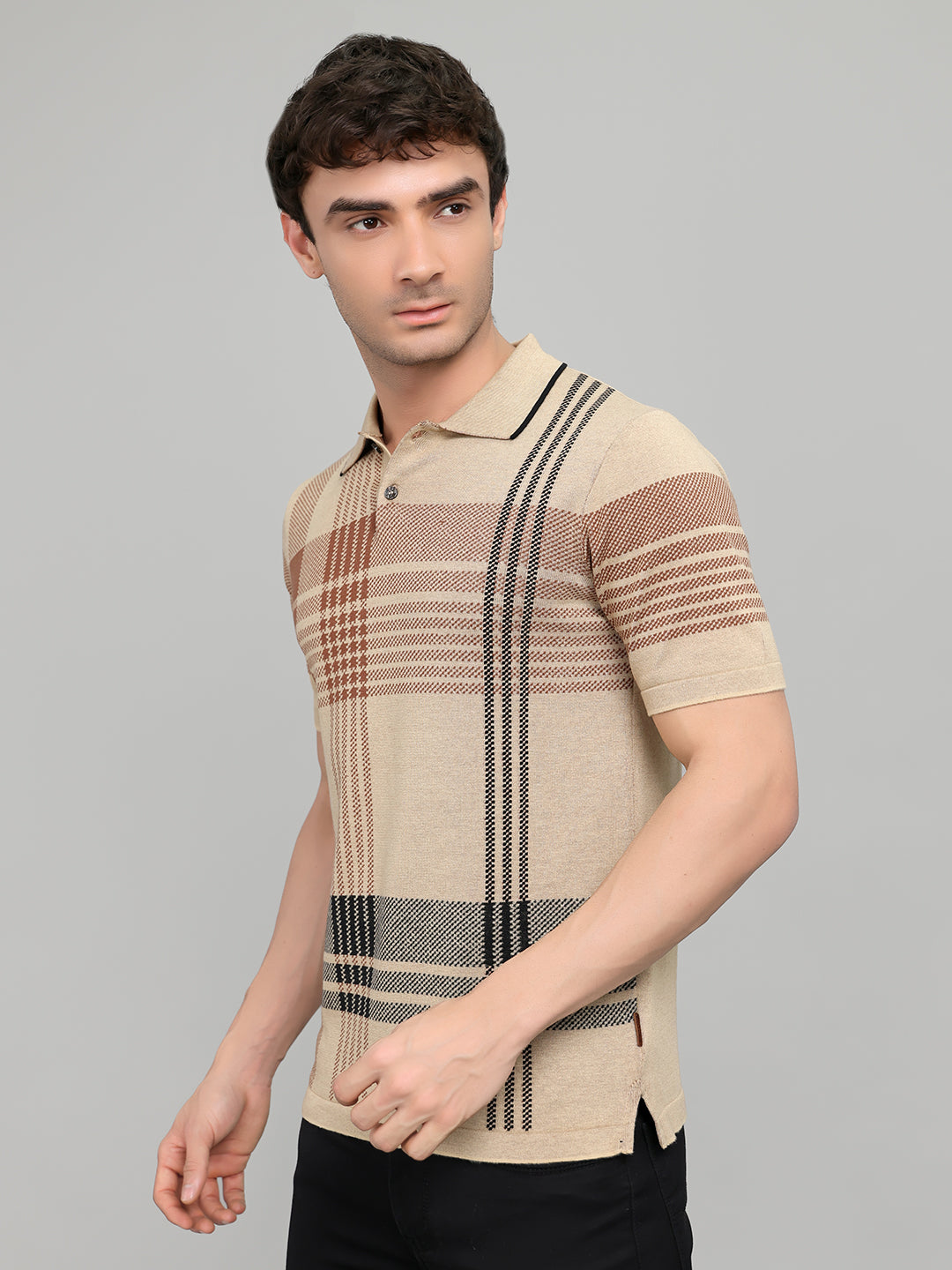 Men Beige Self Design Collar Half Sleeve T-Shirt