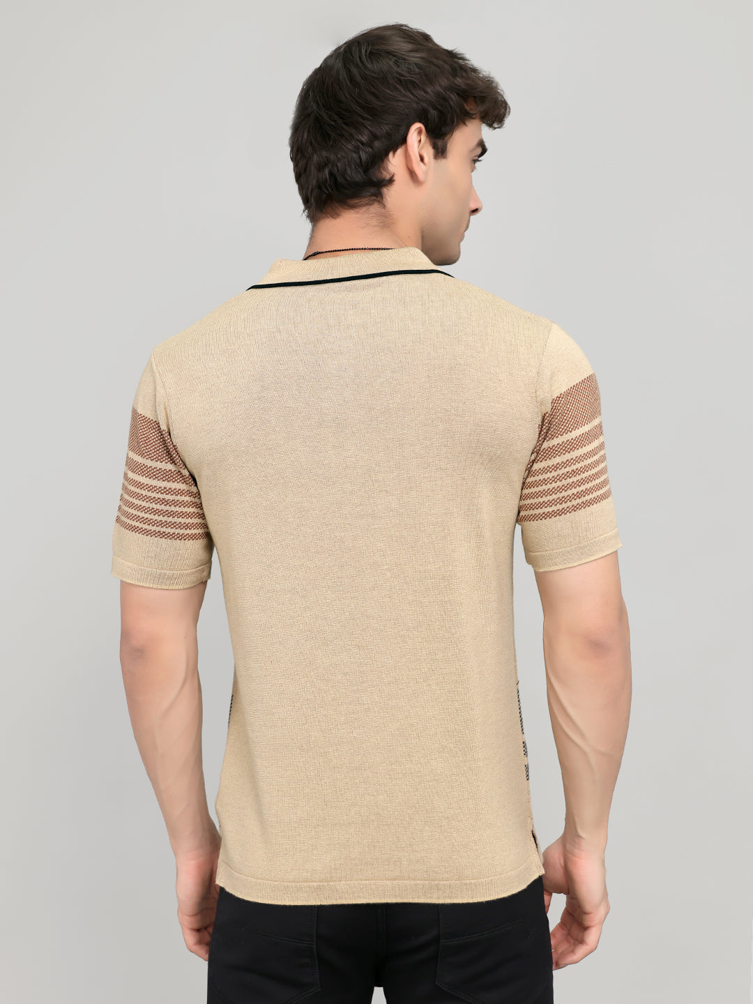 Men Beige Self Design Collar Half Sleeve T-Shirt