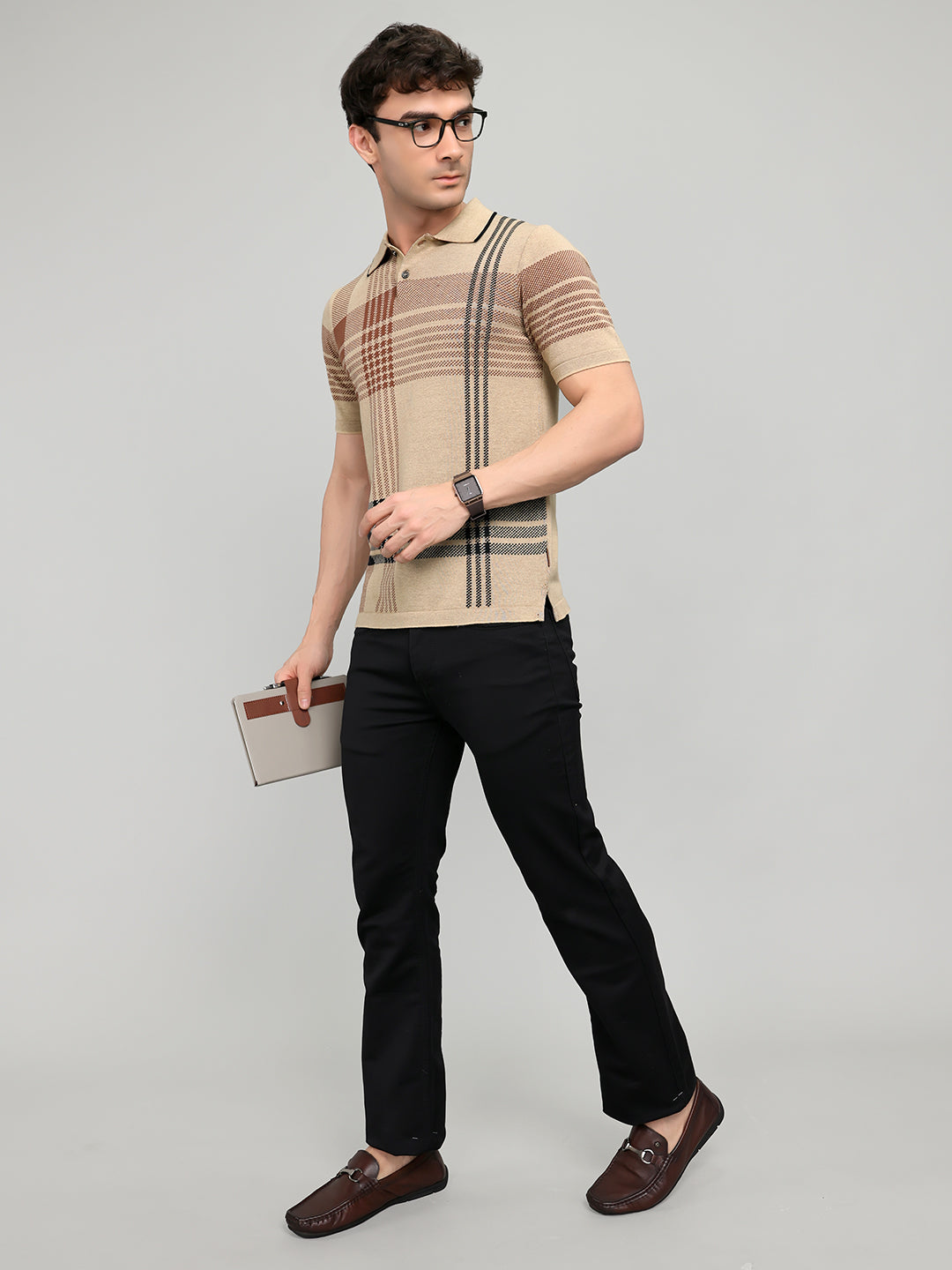 Men Beige Self Design Collar Half Sleeve T-Shirt