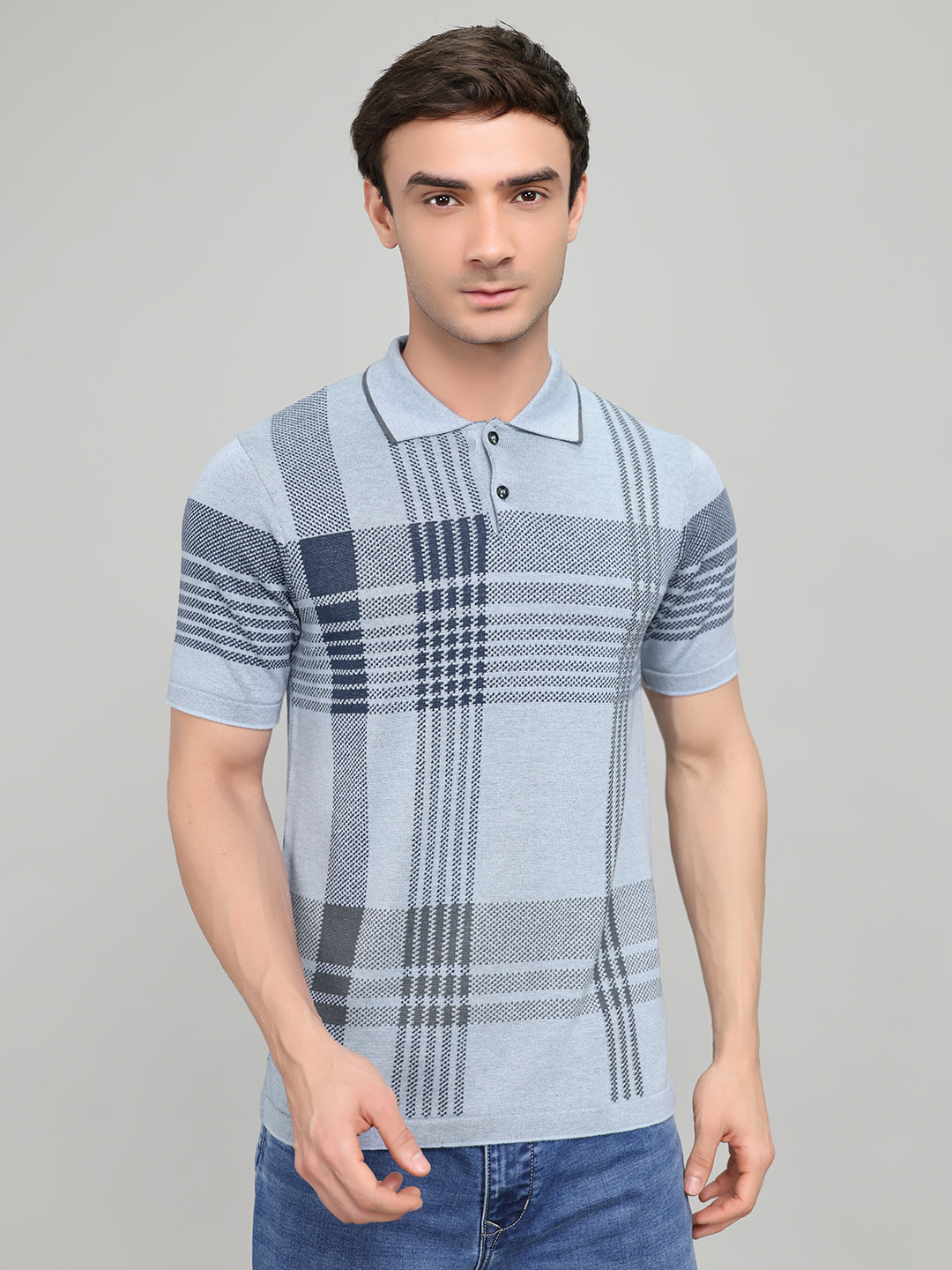 Men Light Blue Self Design Collar Half Sleeve T-Shirt