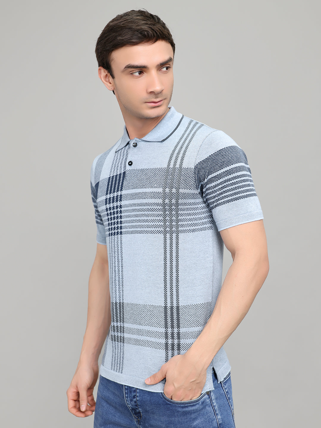 Men Light Blue Self Design Collar Half Sleeve T-Shirt