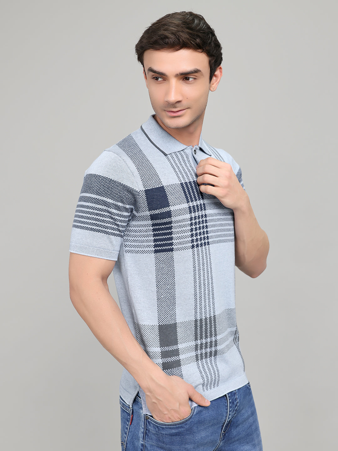 Men Light Blue Self Design Collar Half Sleeve T-Shirt
