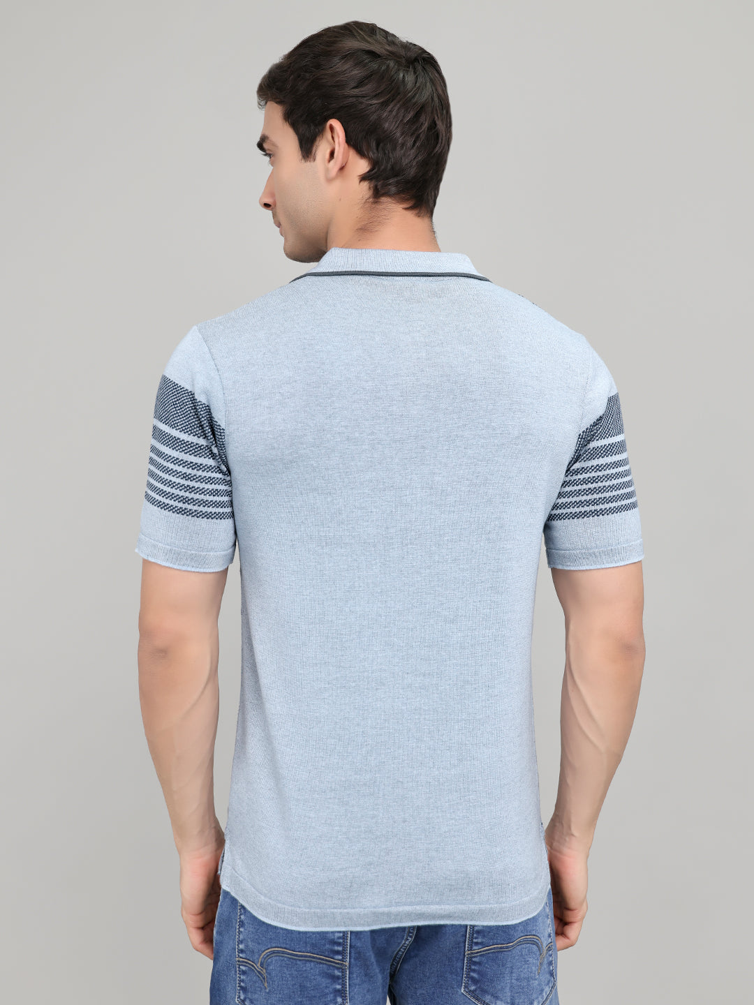 Men Light Blue Self Design Collar Half Sleeve T-Shirt