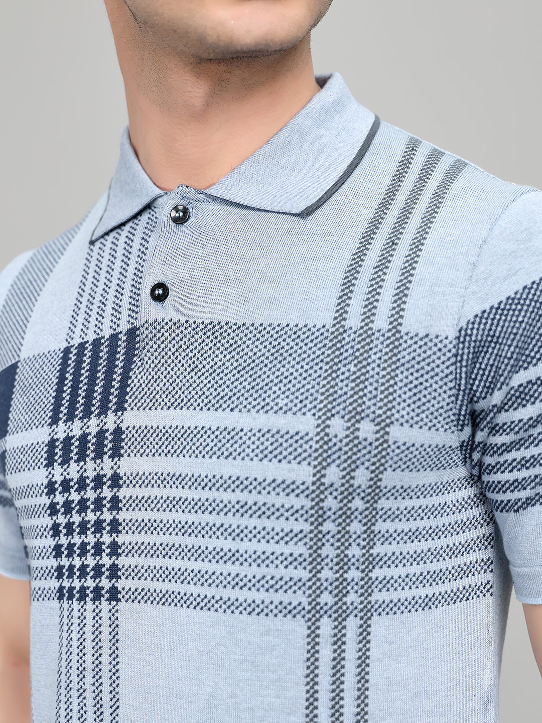 Men Light Blue Self Design Collar Half Sleeve T-Shirt