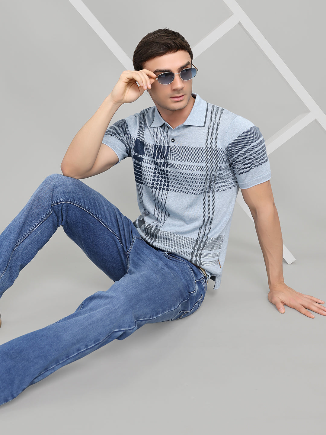 Men Light Blue Self Design Collar Half Sleeve T-Shirt