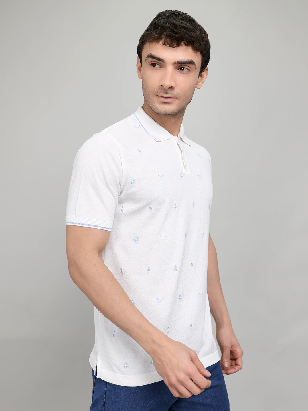 Men Beige Solid Collar Half Sleeve T-Shirt