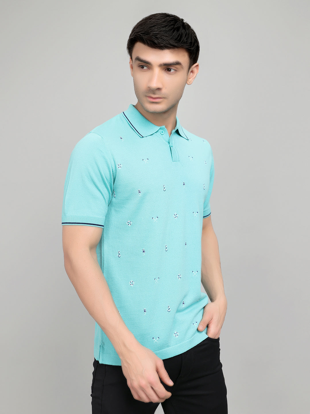 Men Aqua Blue Solid Collar Half Sleeve T-Shirt