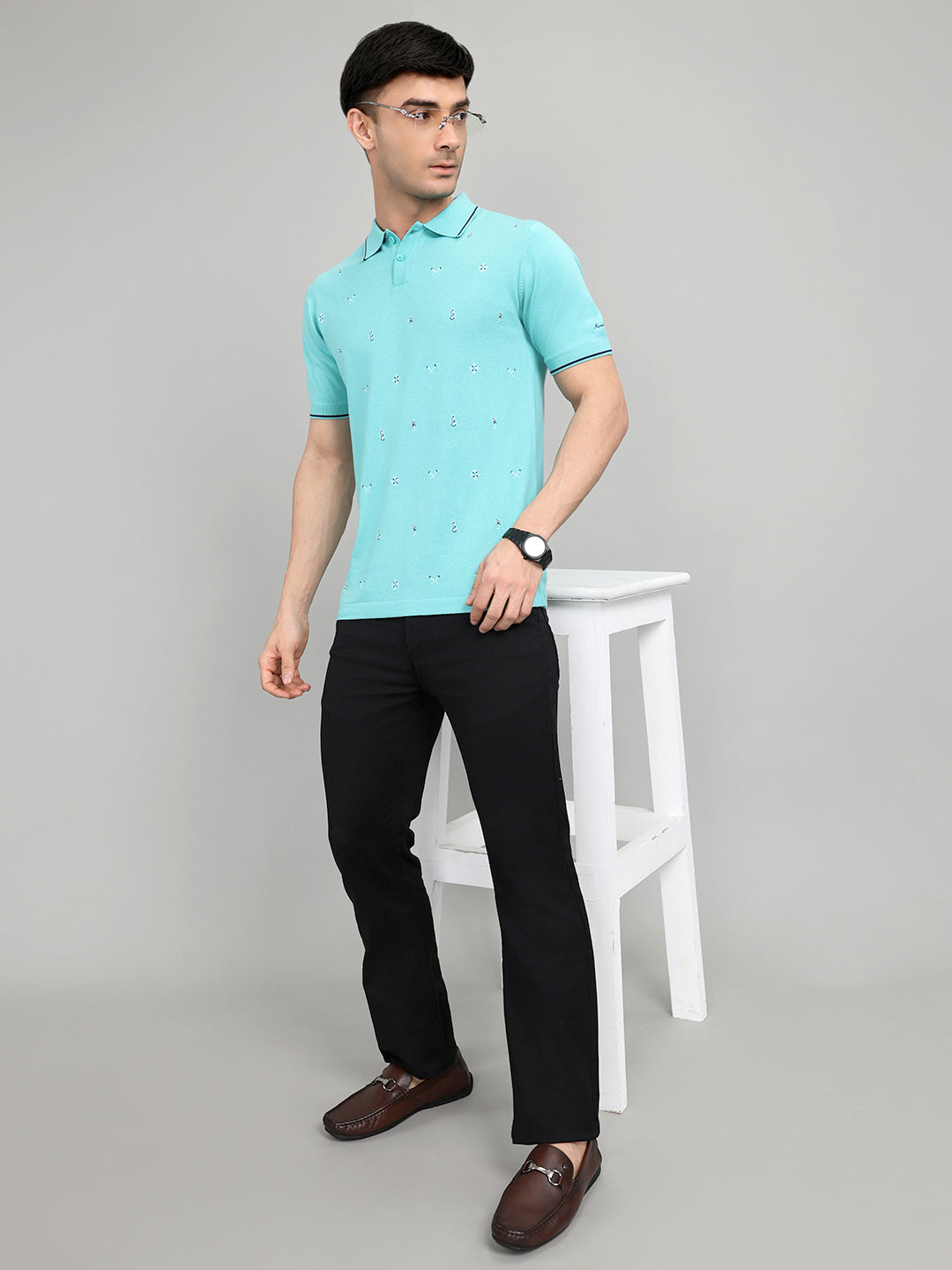 Men Aqua Blue Solid Collar Half Sleeve T-Shirt