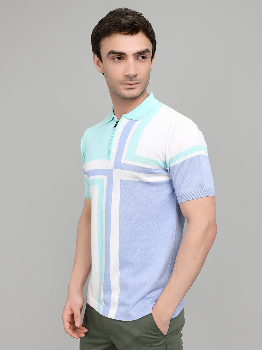 Men Light Blue Stripe Collar Half Sleeve T-Shirt