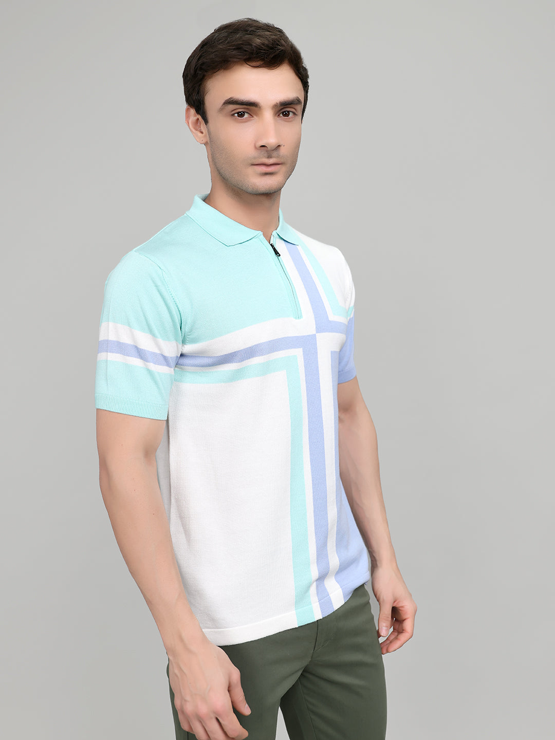 Men Light Blue Stripe Collar Half Sleeve T-Shirt