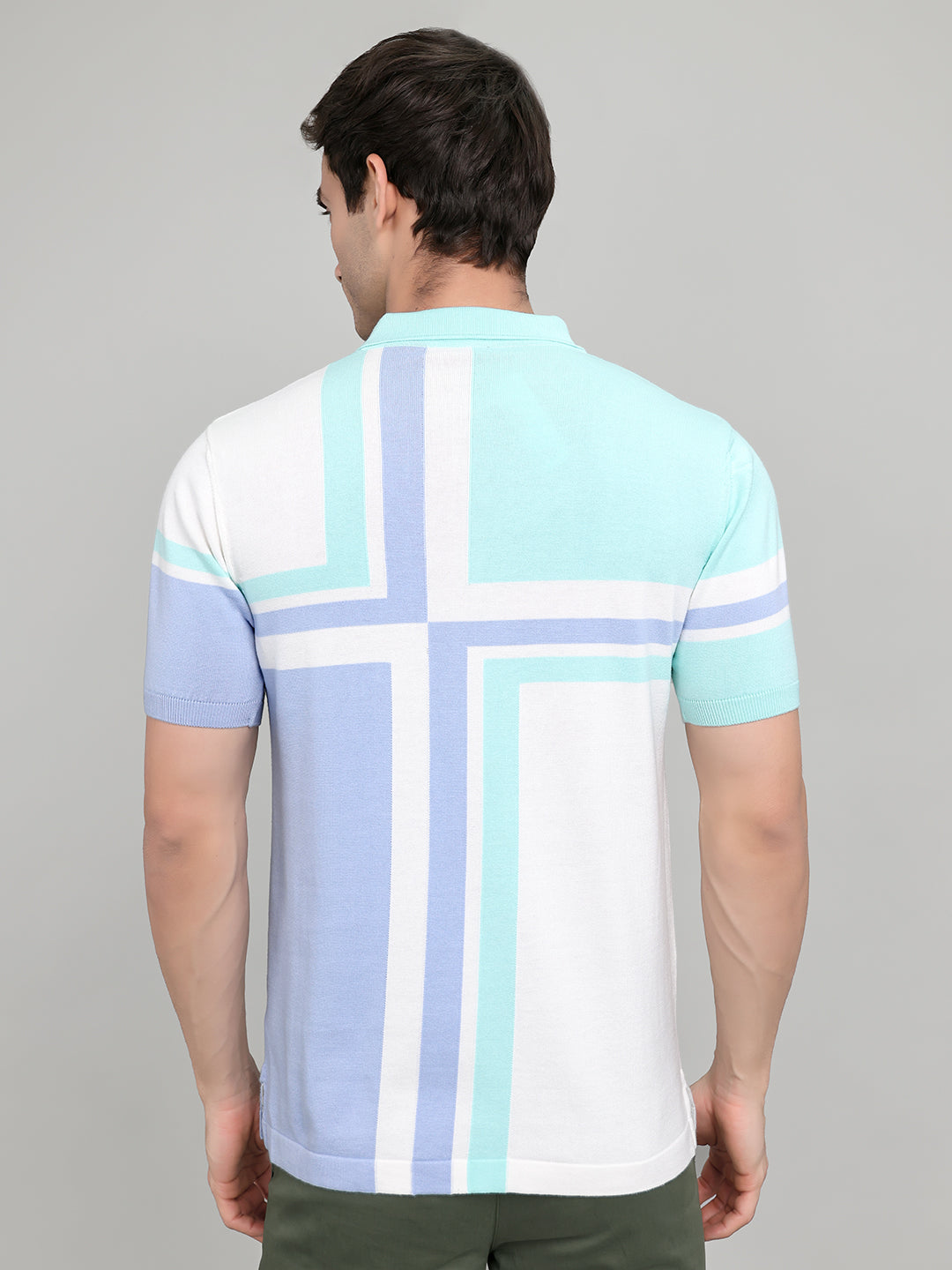 Men Light Blue Stripe Collar Half Sleeve T-Shirt