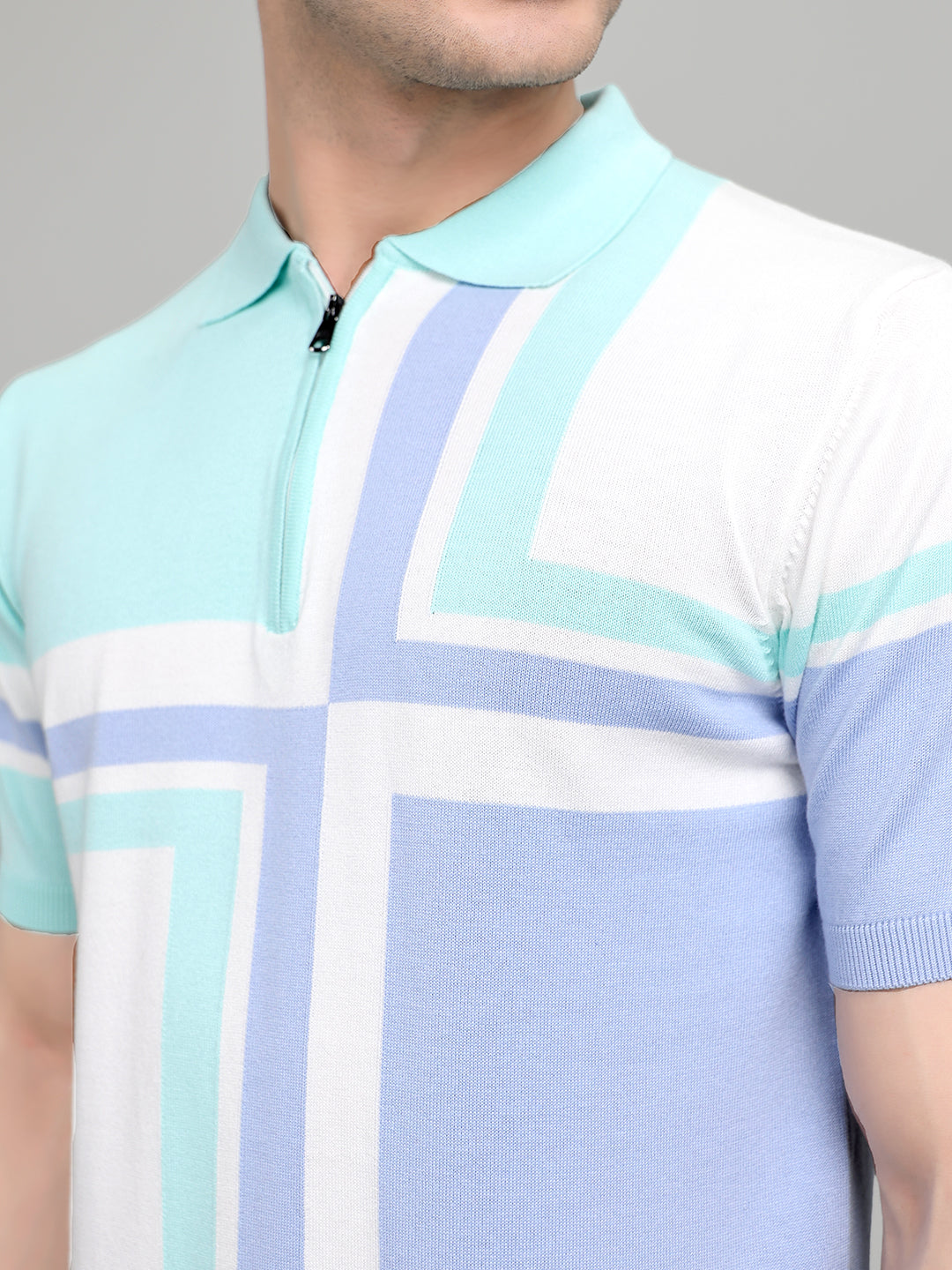 Men Light Blue Stripe Collar Half Sleeve T-Shirt
