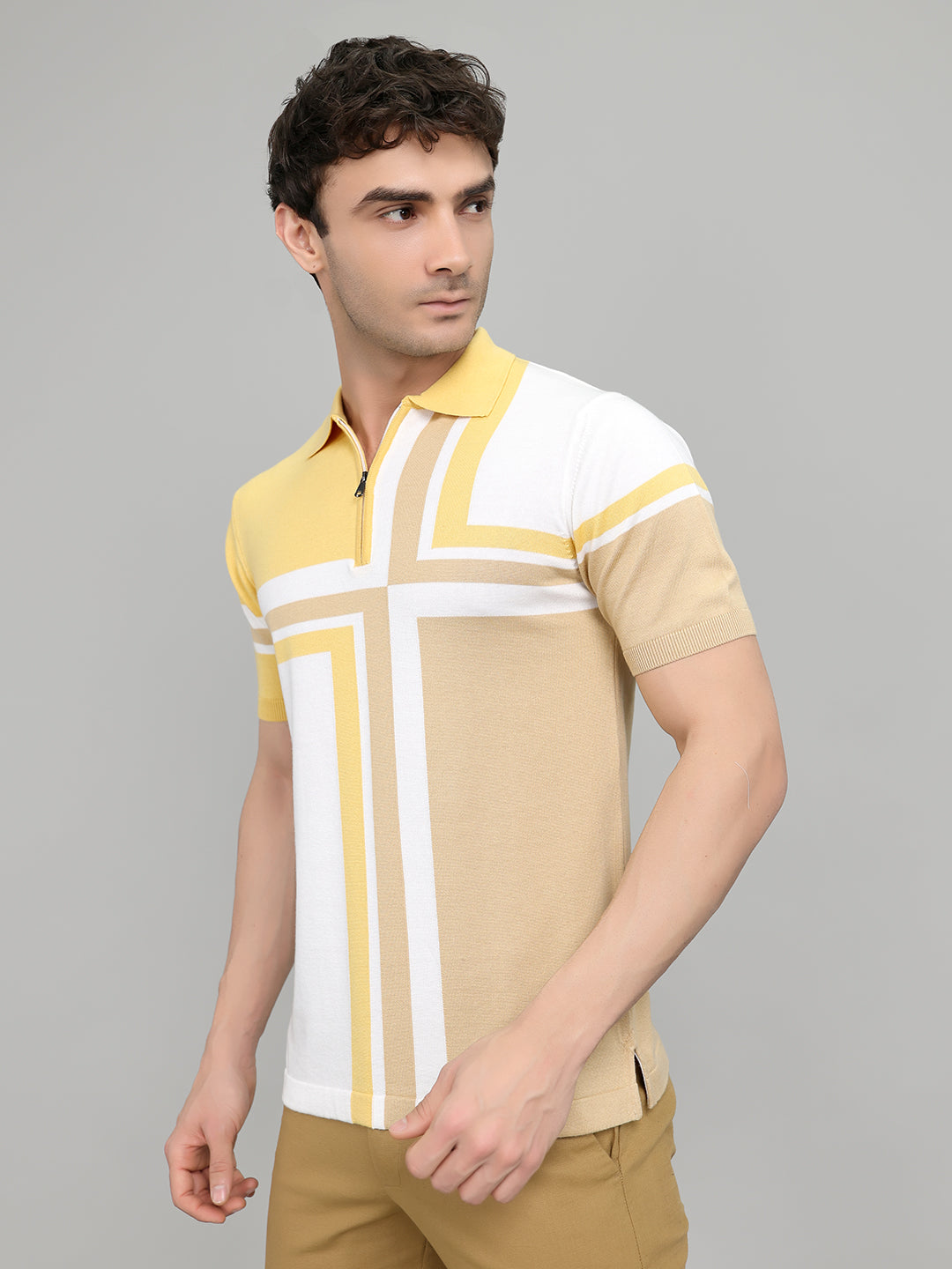 Men Camel Brown Stripe Collar Half Sleeve T-Shirt