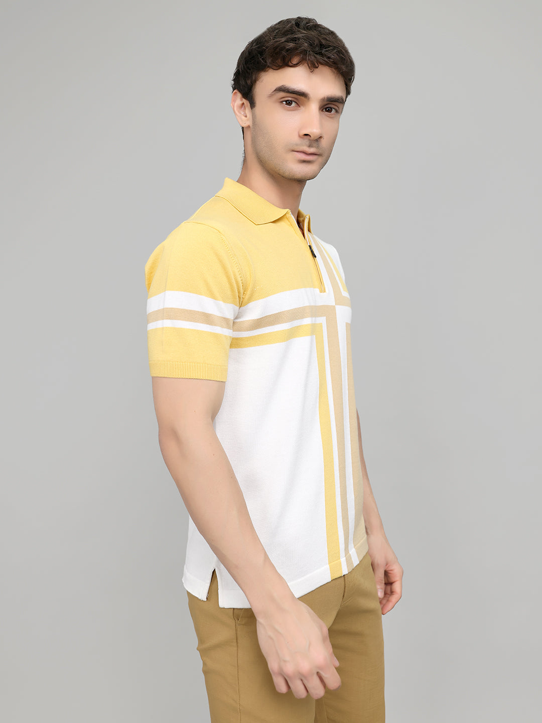 Men Camel Brown Stripe Collar Half Sleeve T-Shirt