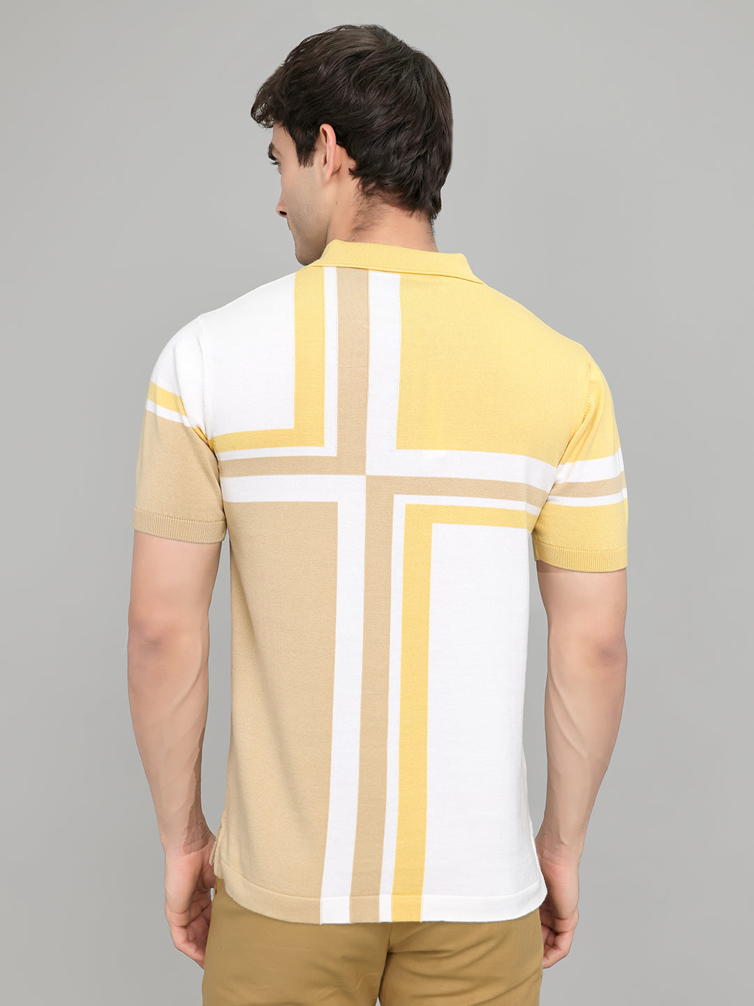 Men Camel Brown Stripe Collar Half Sleeve T-Shirt