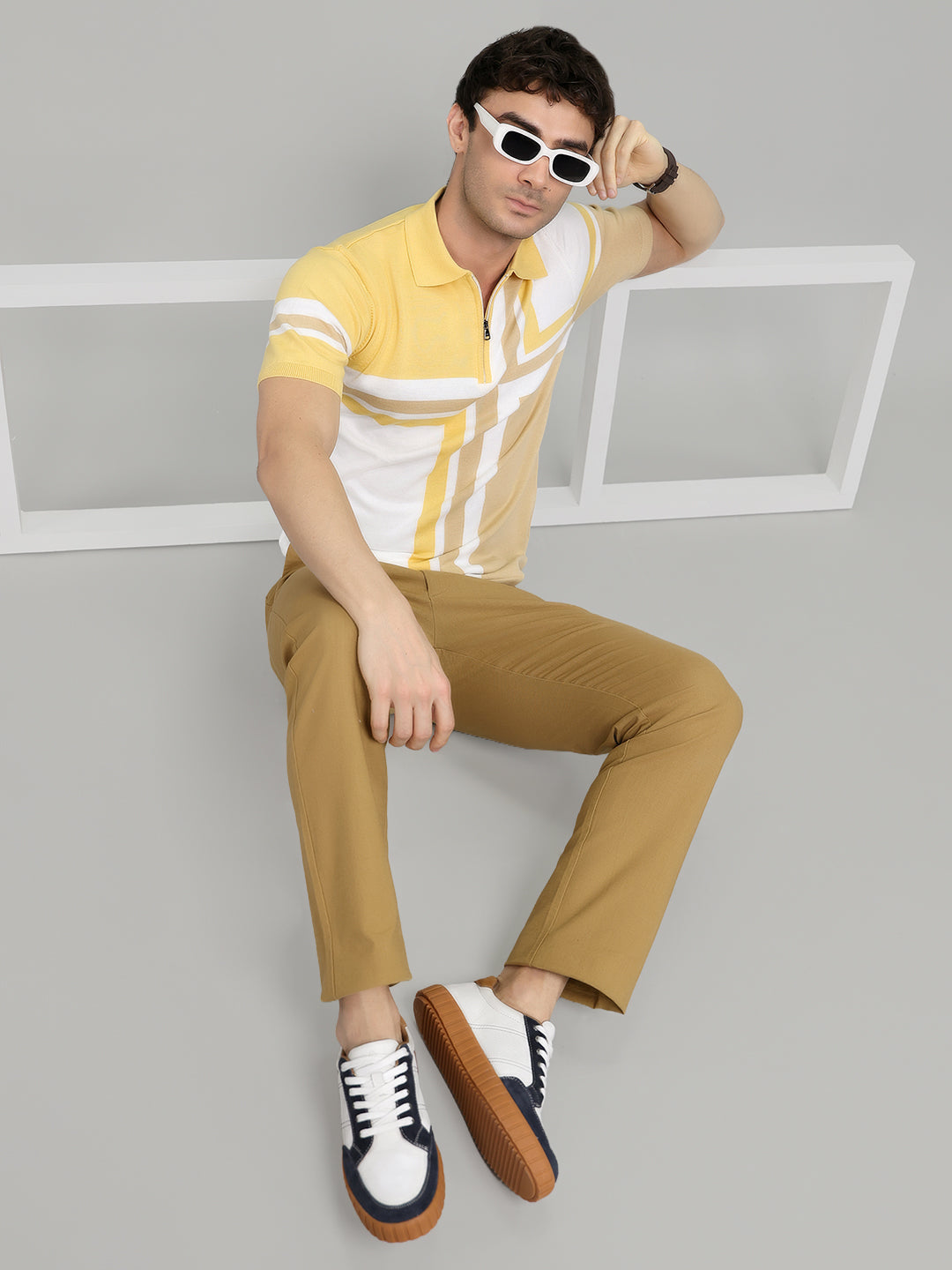 Men Camel Brown Stripe Collar Half Sleeve T-Shirt