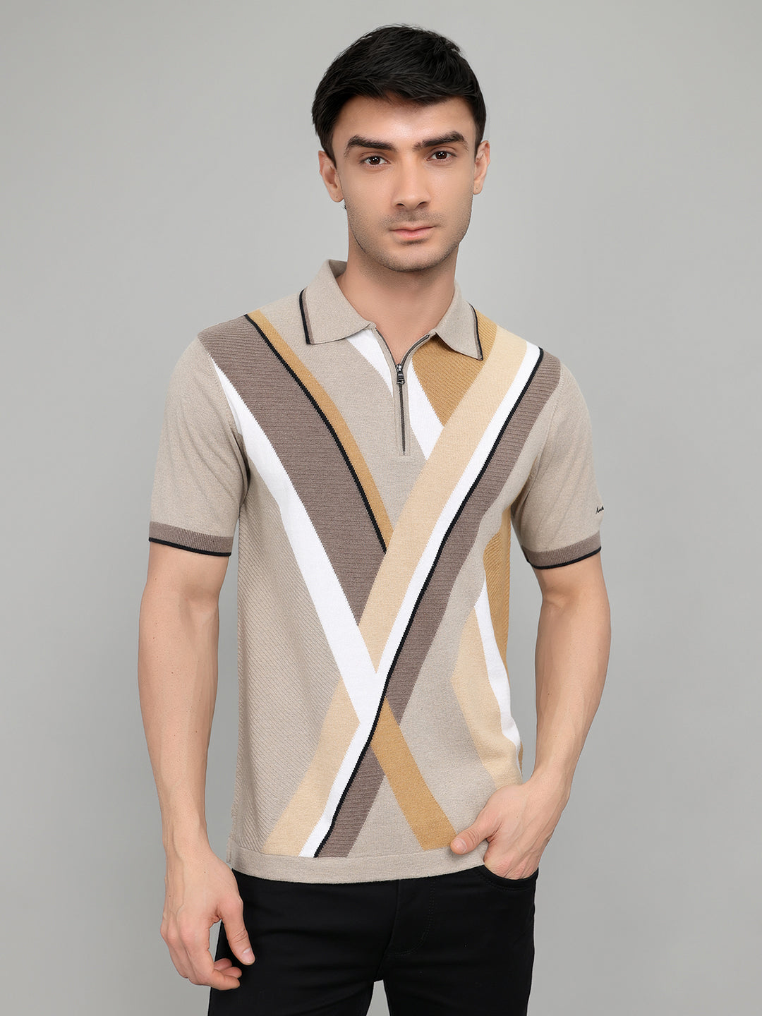 Men Beige Printed Collar Half Sleeve T-Shirt