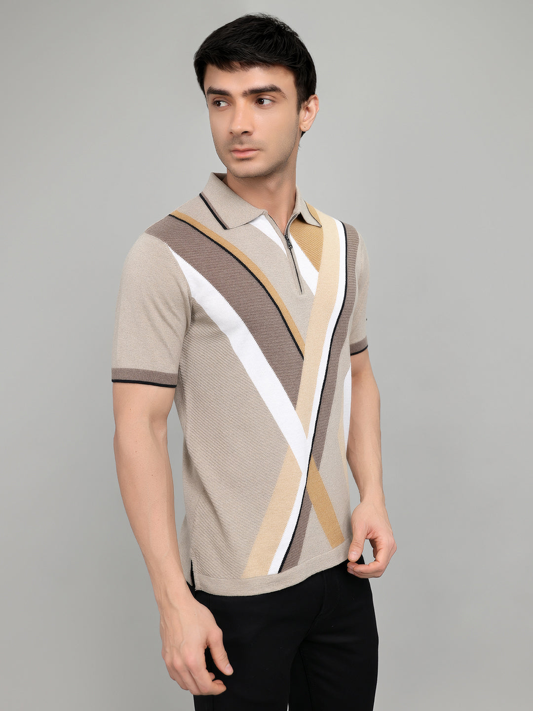 Men Beige Printed Collar Half Sleeve T-Shirt