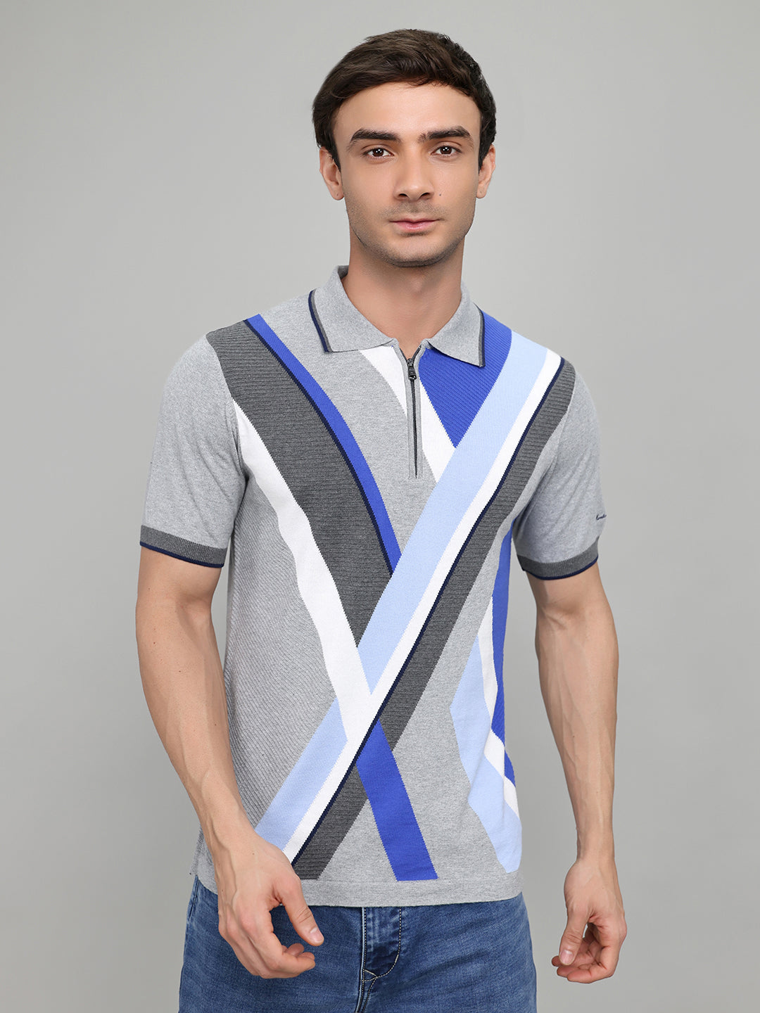 Men Grey Printed Collar Half Sleeve T-Shirt