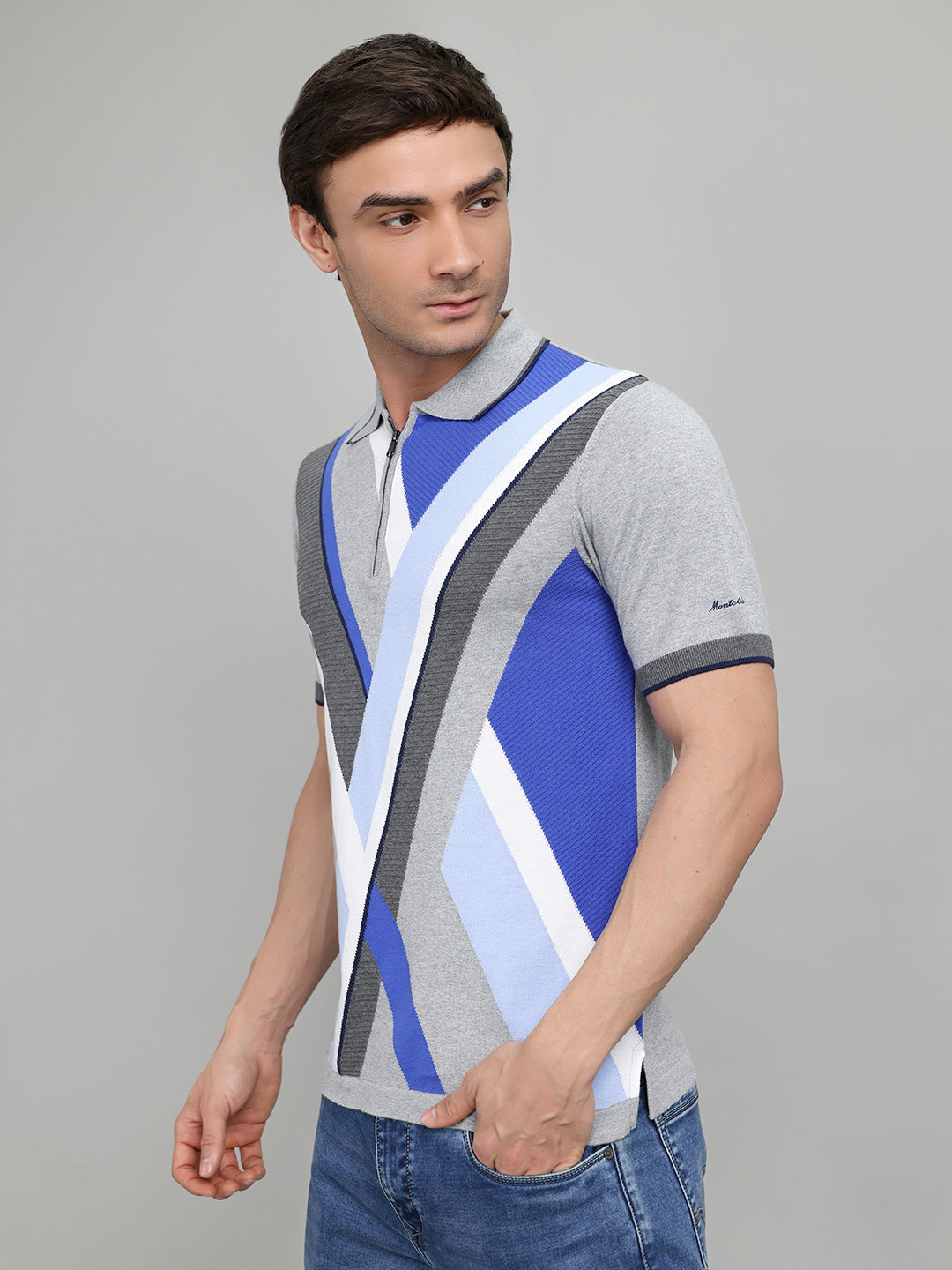 Men Grey Printed Collar Half Sleeve T-Shirt