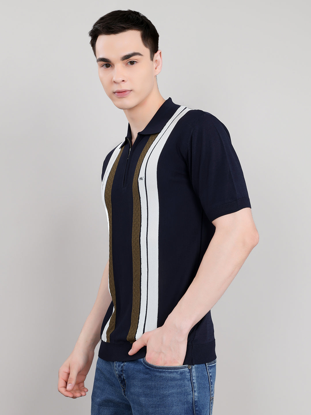 Men Navy Blue Intarsia Collar Half Sleeve T-Shirt