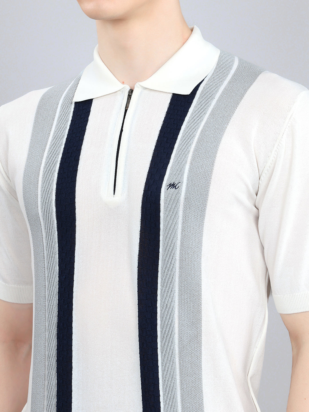 Men White Intarsia Collar Half Sleeve T-Shirt