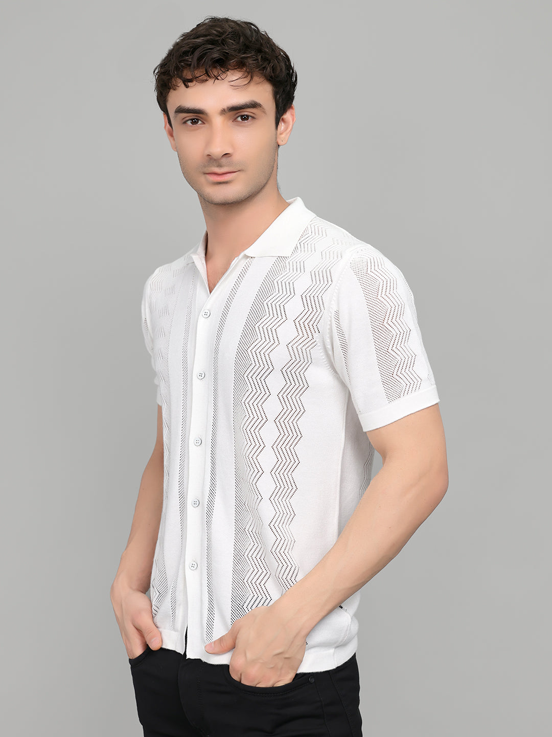 Men White Self Design Collar Half Sleeve Shirt