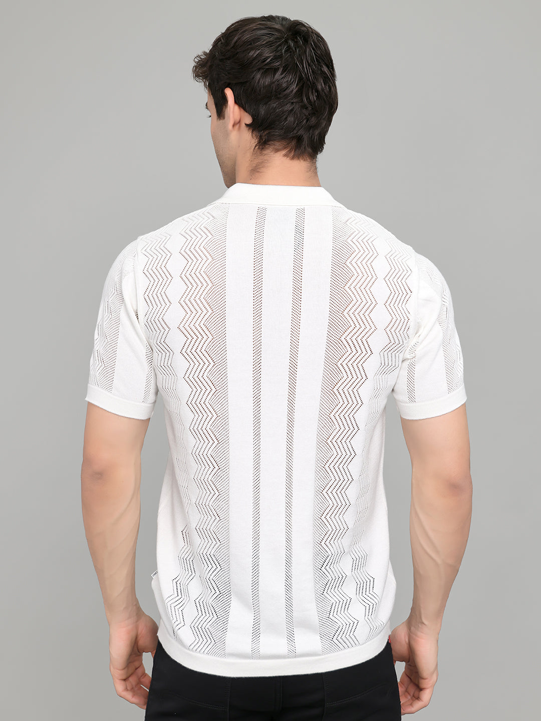 Men White Self Design Collar Half Sleeve Shirt