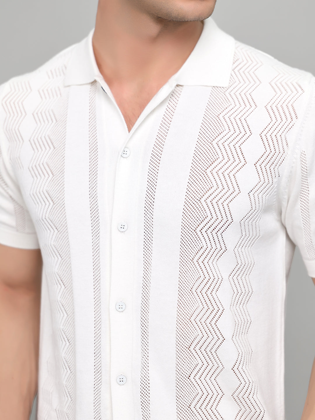 Men White Self Design Collar Half Sleeve Shirt