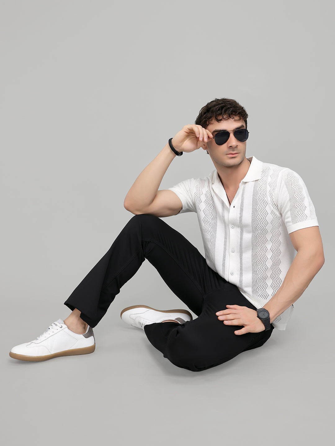 Men White Self Design Collar Half Sleeve Shirt