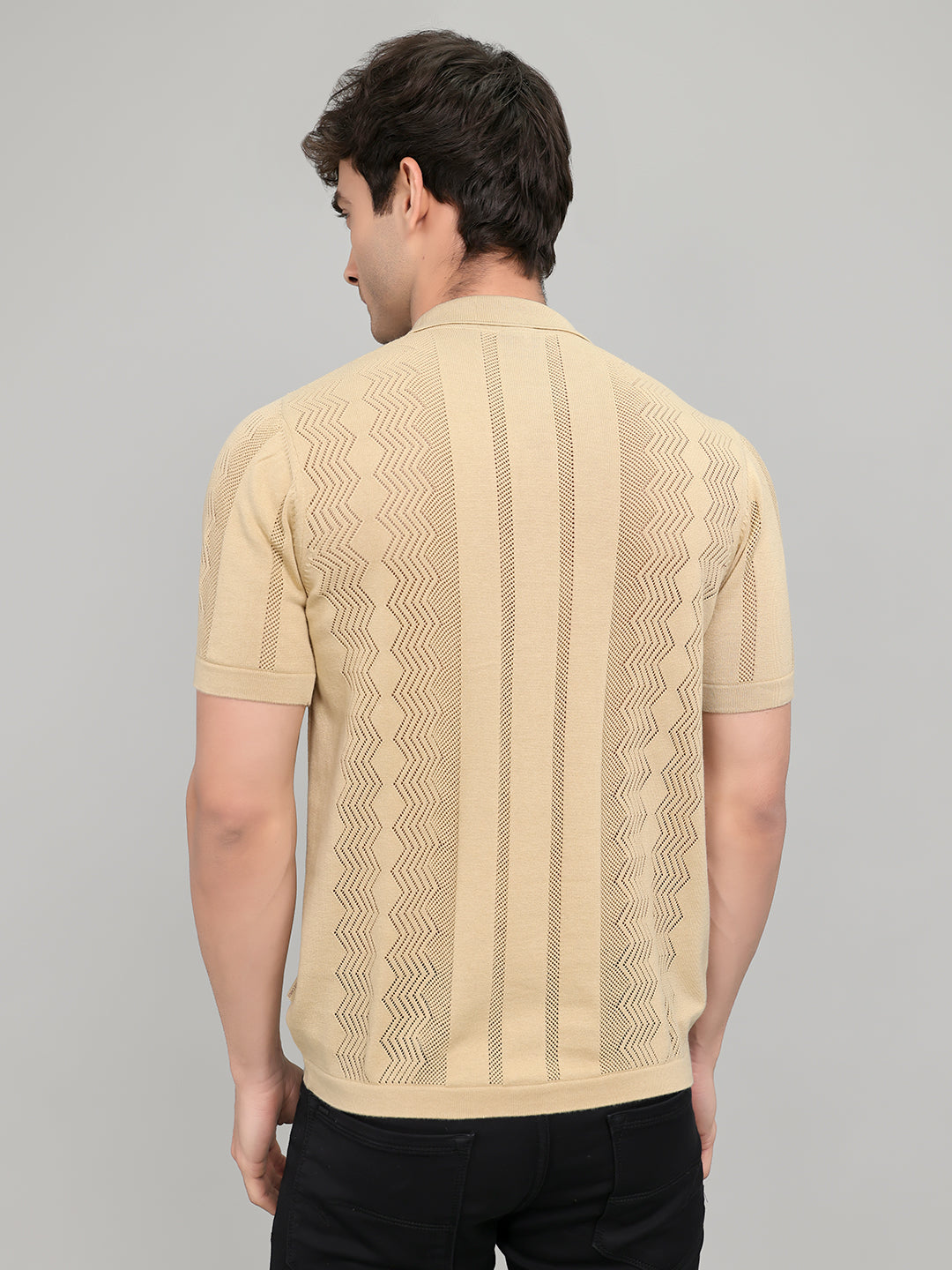Men Beige Self Design Collar Half Sleeve Shirt