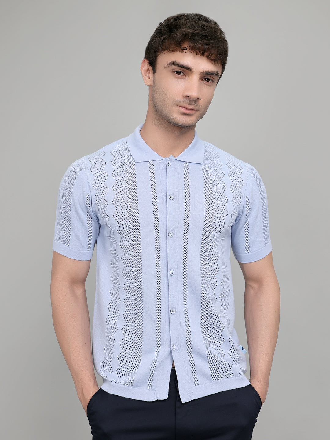 Men Light Blue Self Design Collar Half Sleeve Shirt