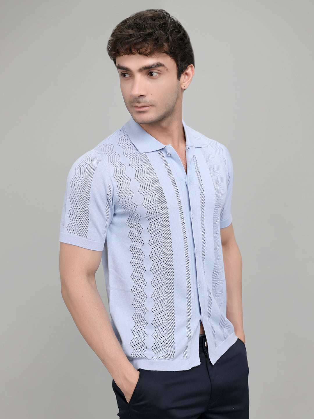 Men Light Blue Self Design Collar Half Sleeve Shirt