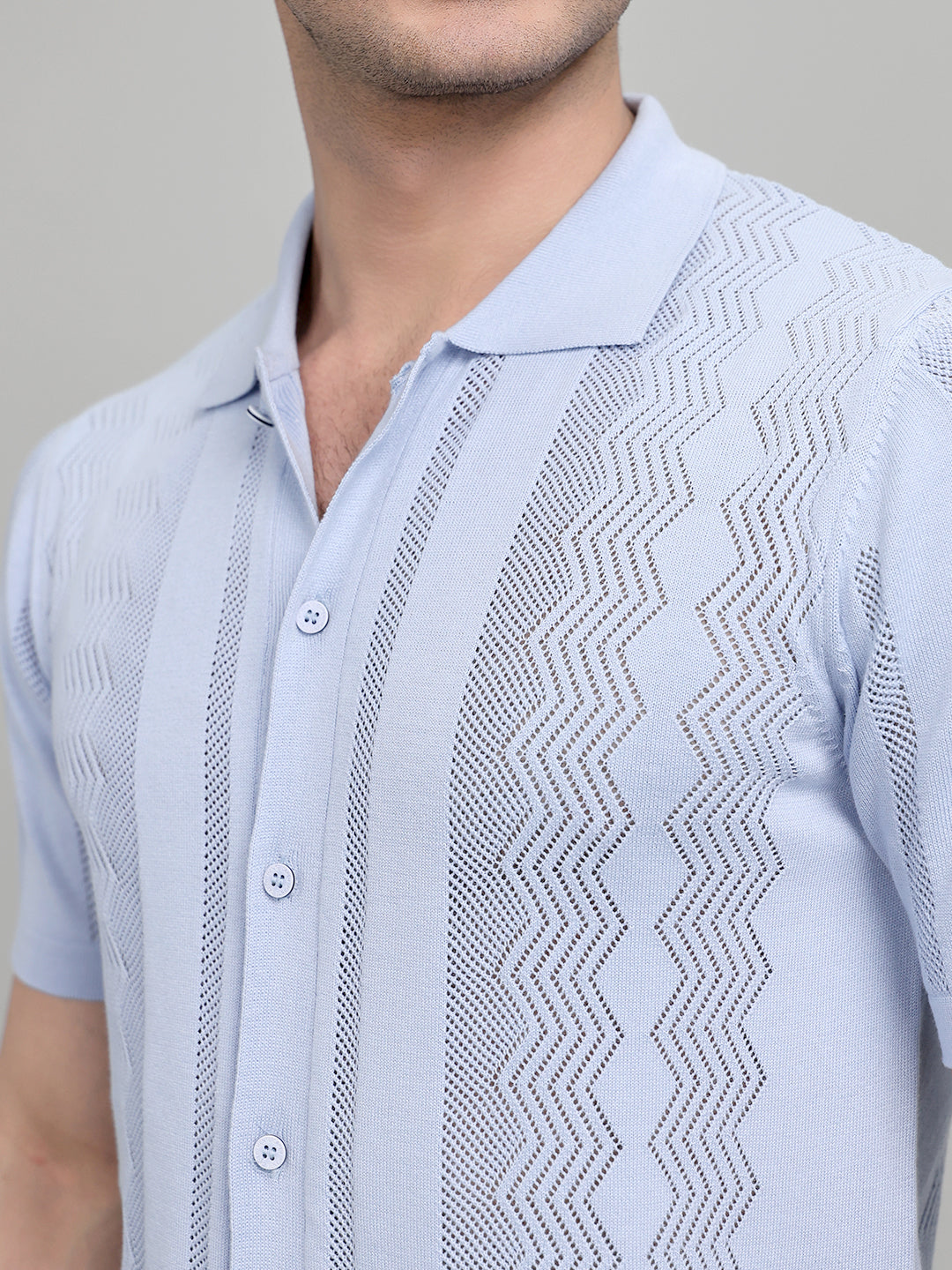 Men Light Blue Self Design Collar Half Sleeve Shirt