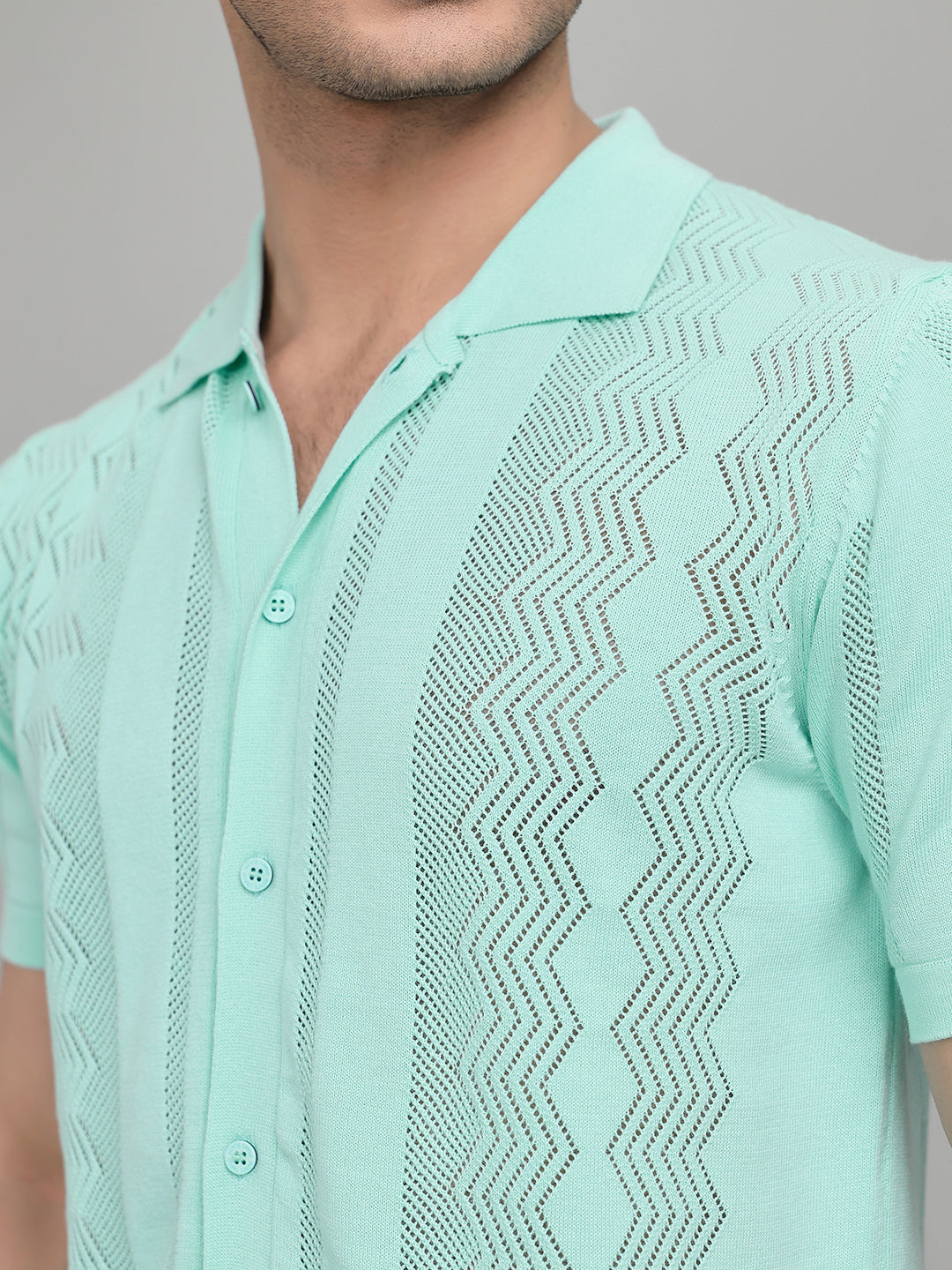 Men Sea Green Self Design Collar Half Sleeve Shirt