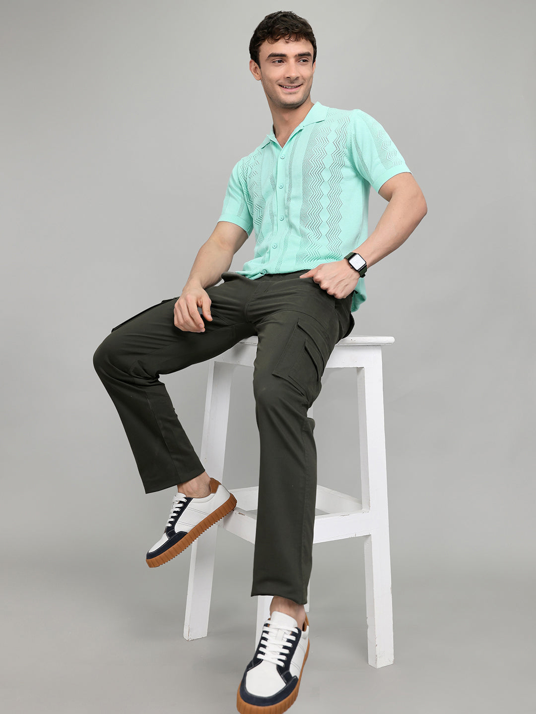 Men Sea Green Self Design Collar Half Sleeve Shirt