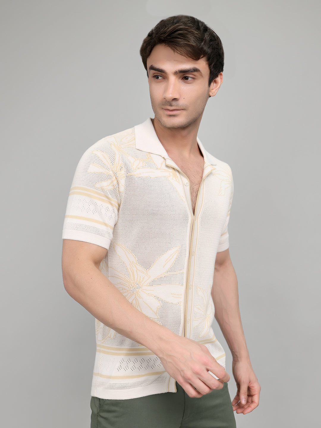 Men Beige Designer Collar Half Sleeve Knitted Shirt