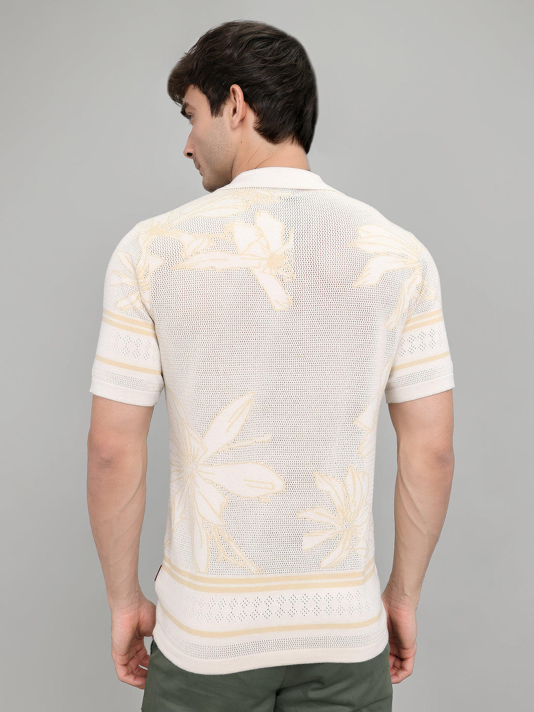 Men Beige Designer Collar Half Sleeve Knitted Shirt