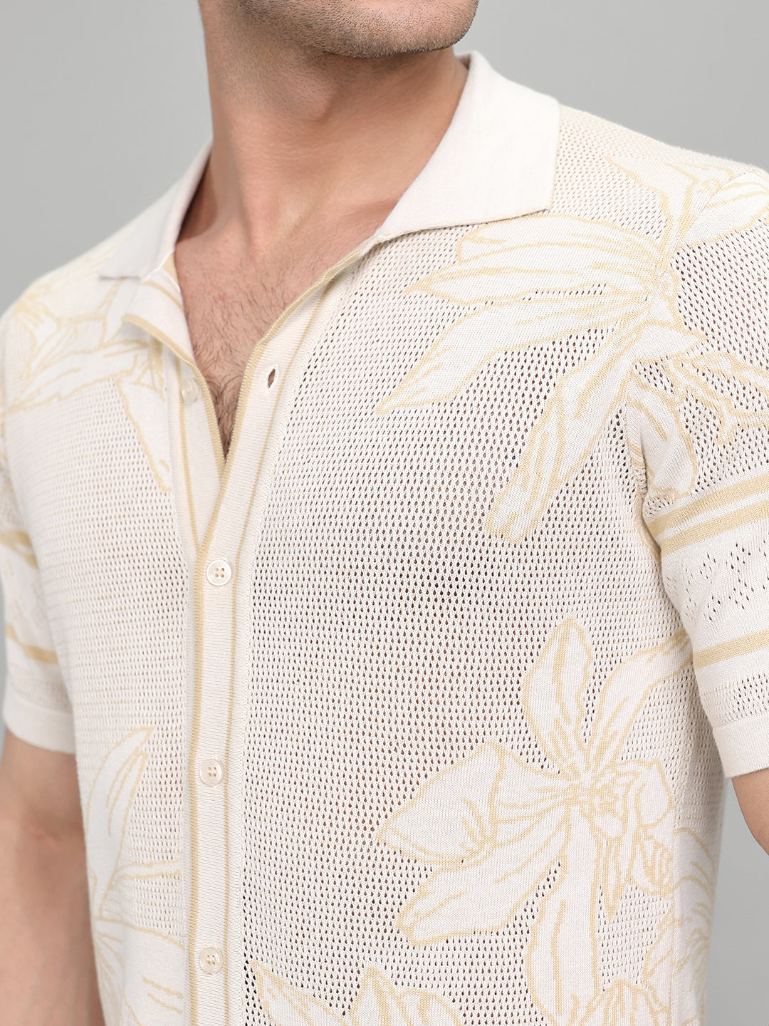 Men Beige Designer Collar Half Sleeve Knitted Shirt