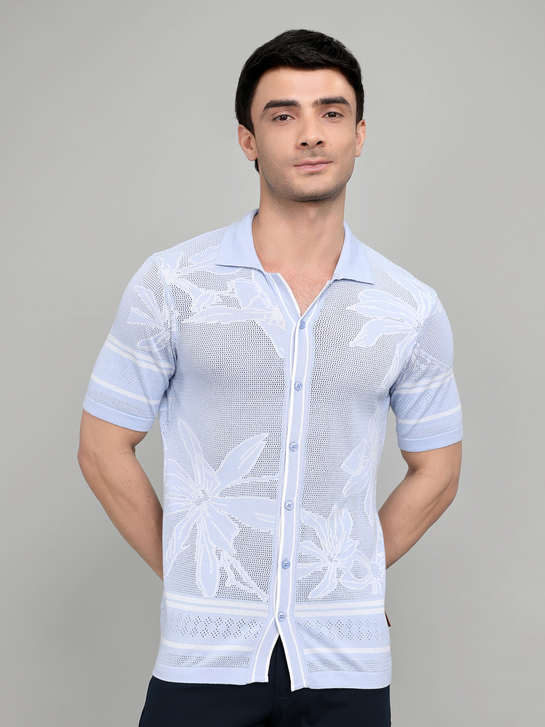 Men Light Blue Designer Collar Half Sleeve Knitted Shirt