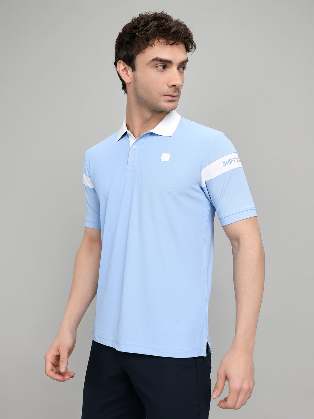 Men Light Blue Designer Collar Half Sleeve Shirt