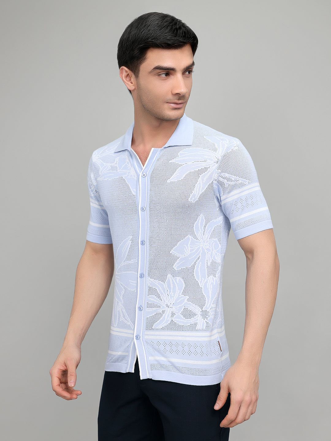 Men Light Blue Designer Collar Half Sleeve Knitted Shirt