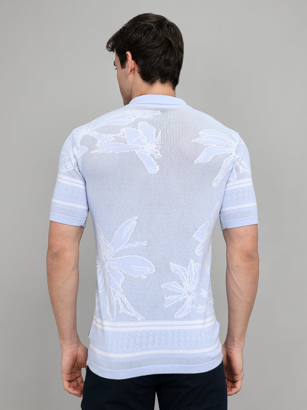 Men Light Blue Designer Collar Half Sleeve Knitted Shirt