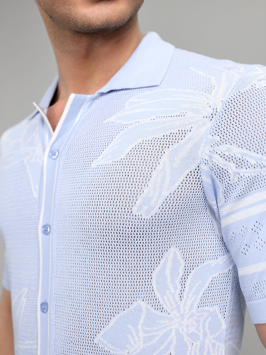 Men Light Blue Designer Collar Half Sleeve Knitted Shirt