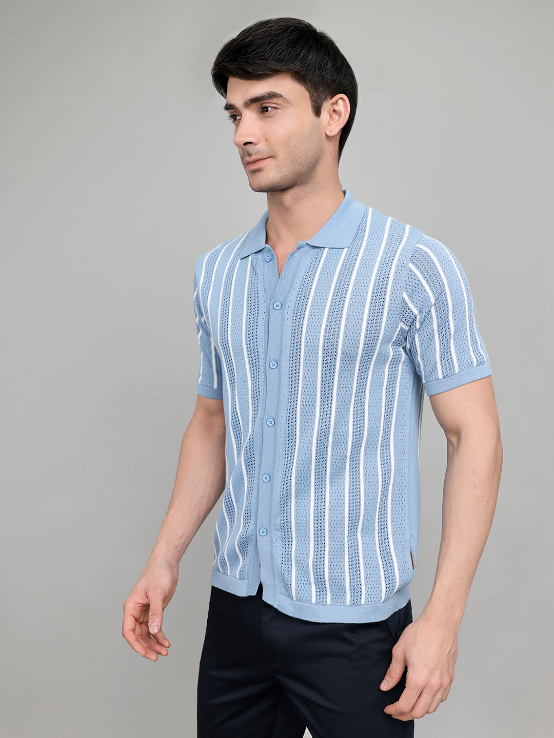 Men Light Blue Self Design Collar Half Sleeve Shirt
