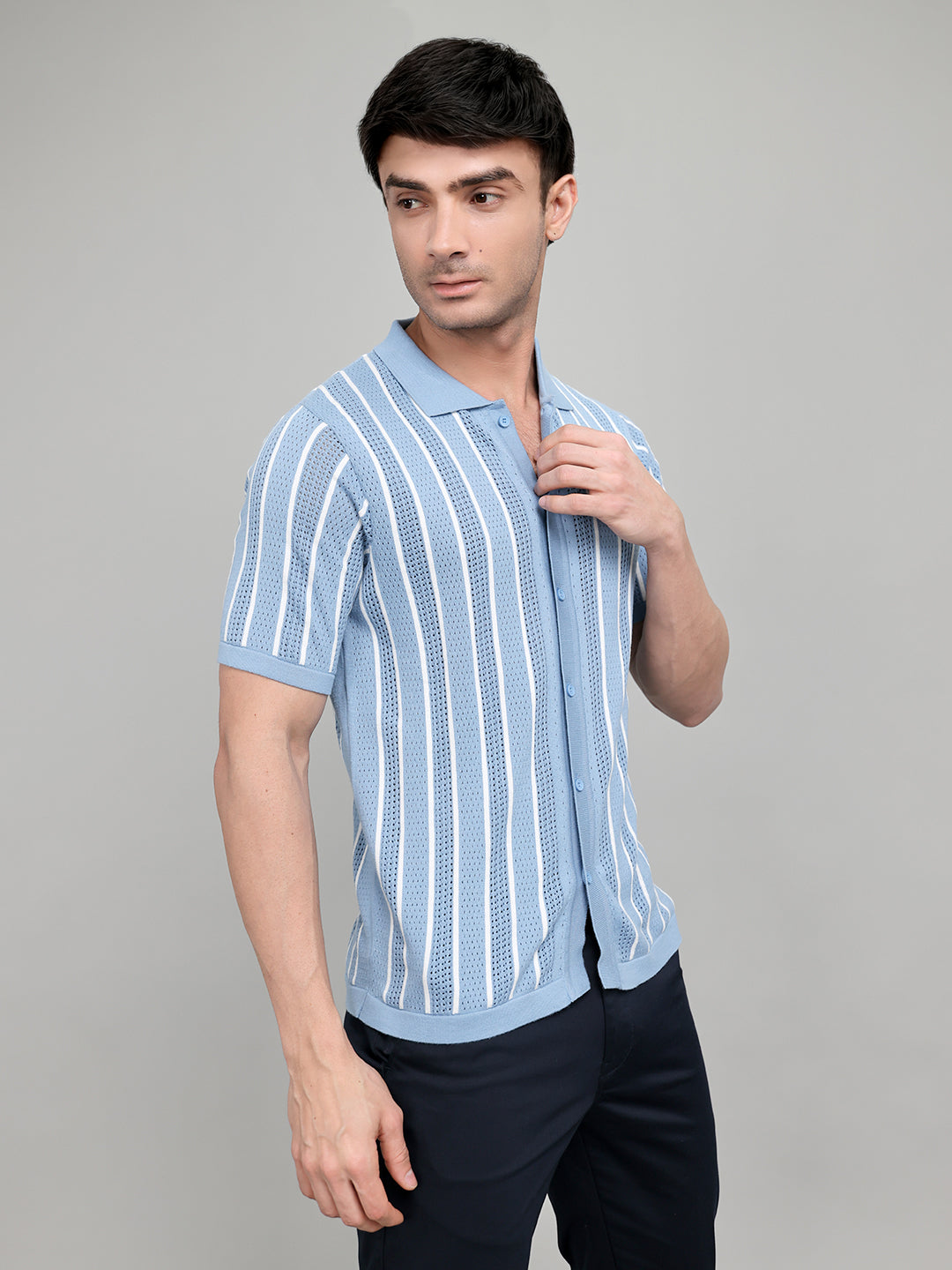 Men Light Blue Self Design Collar Half Sleeve Shirt