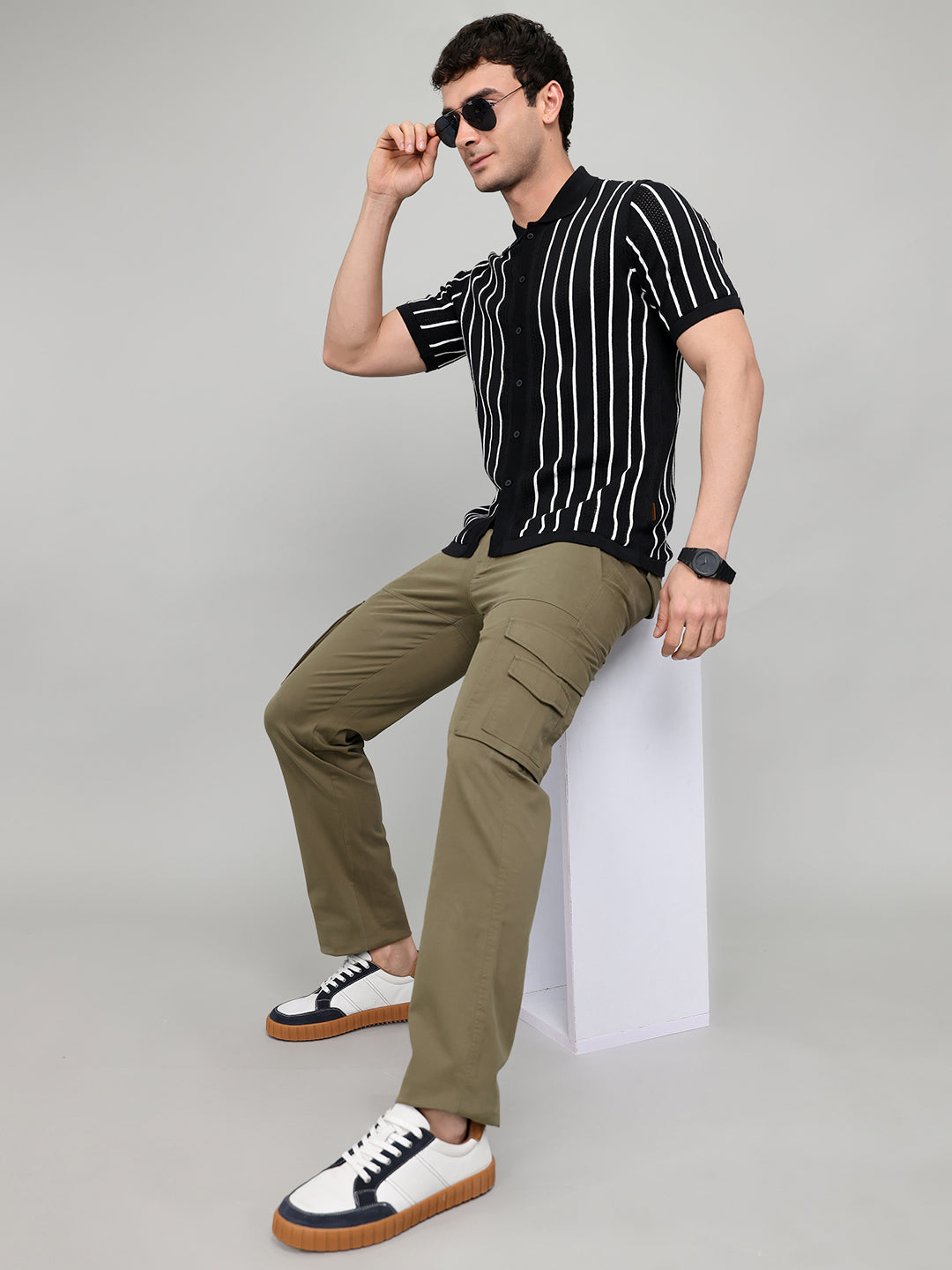 Men Black Self Design Collar Half Sleeve Shirt