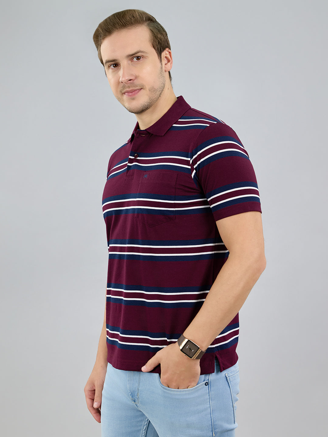 Men Maroon Stripe Polo Collar Half Sleeve T-Shirt