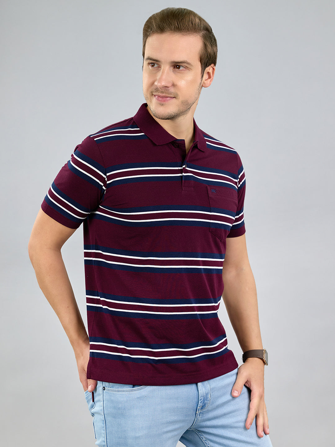 Men Maroon Stripe Polo Collar Half Sleeve T-Shirt