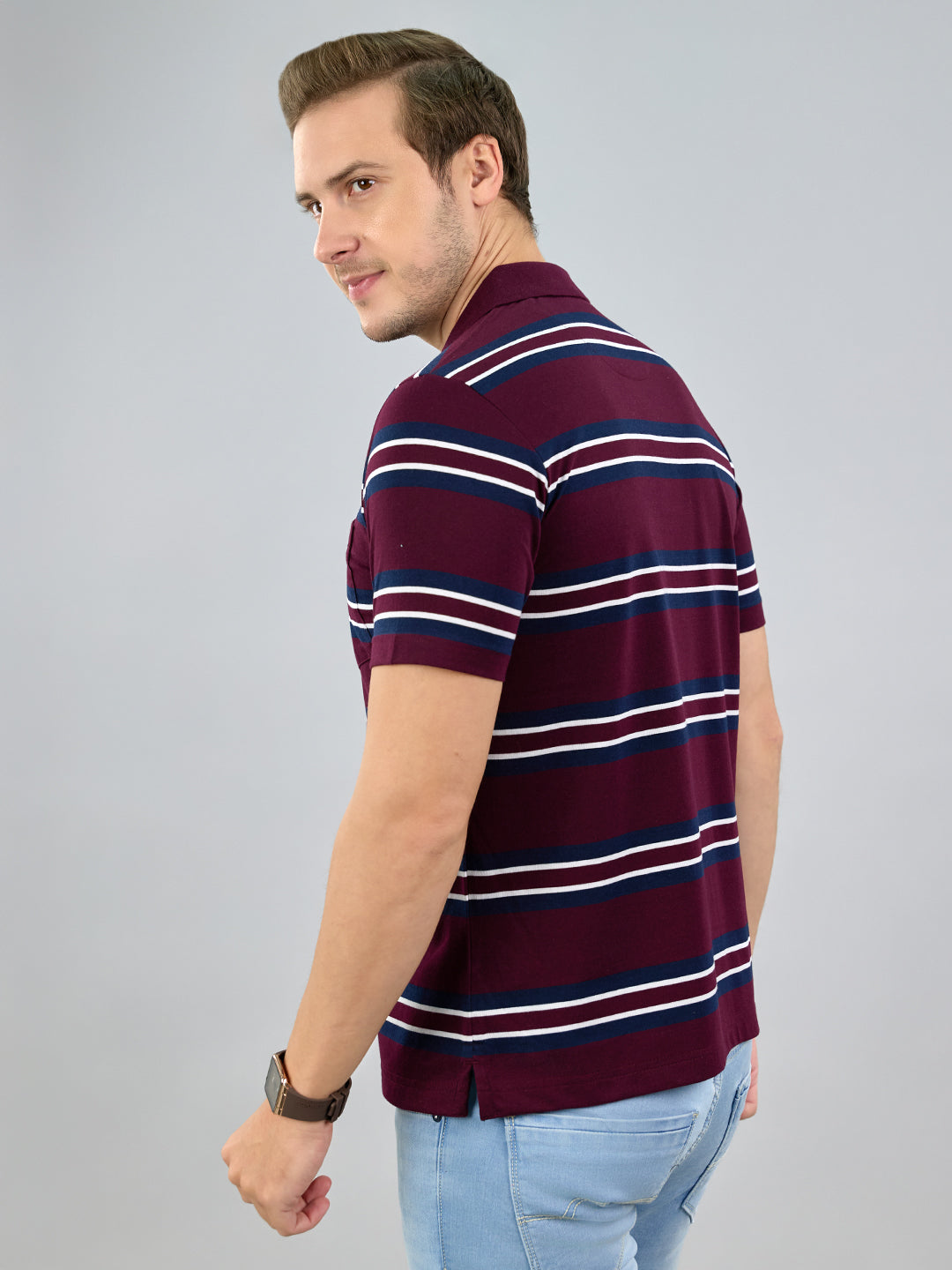 Men Maroon Stripe Polo Collar Half Sleeve T-Shirt